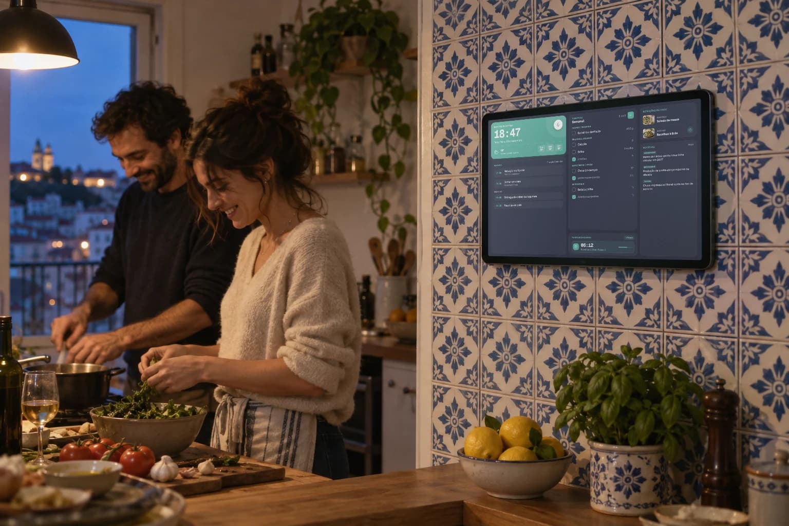 Um casal a preparar o jantar numa cozinha em Lisboa ao fim da tarde. Na parede de azulejos, um tablet mostra o painel de cozinha do Frigo com as horas, a lista de compras e as refeições do dia.